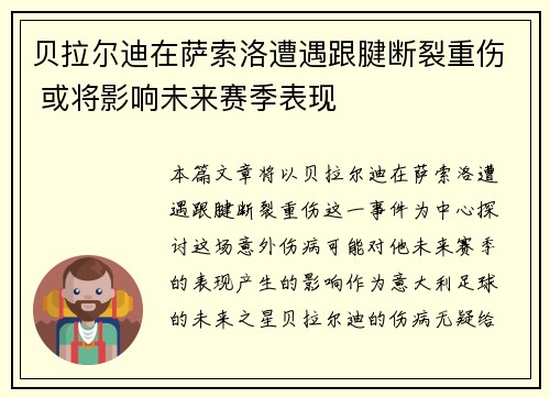 贝拉尔迪在萨索洛遭遇跟腱断裂重伤 或将影响未来赛季表现